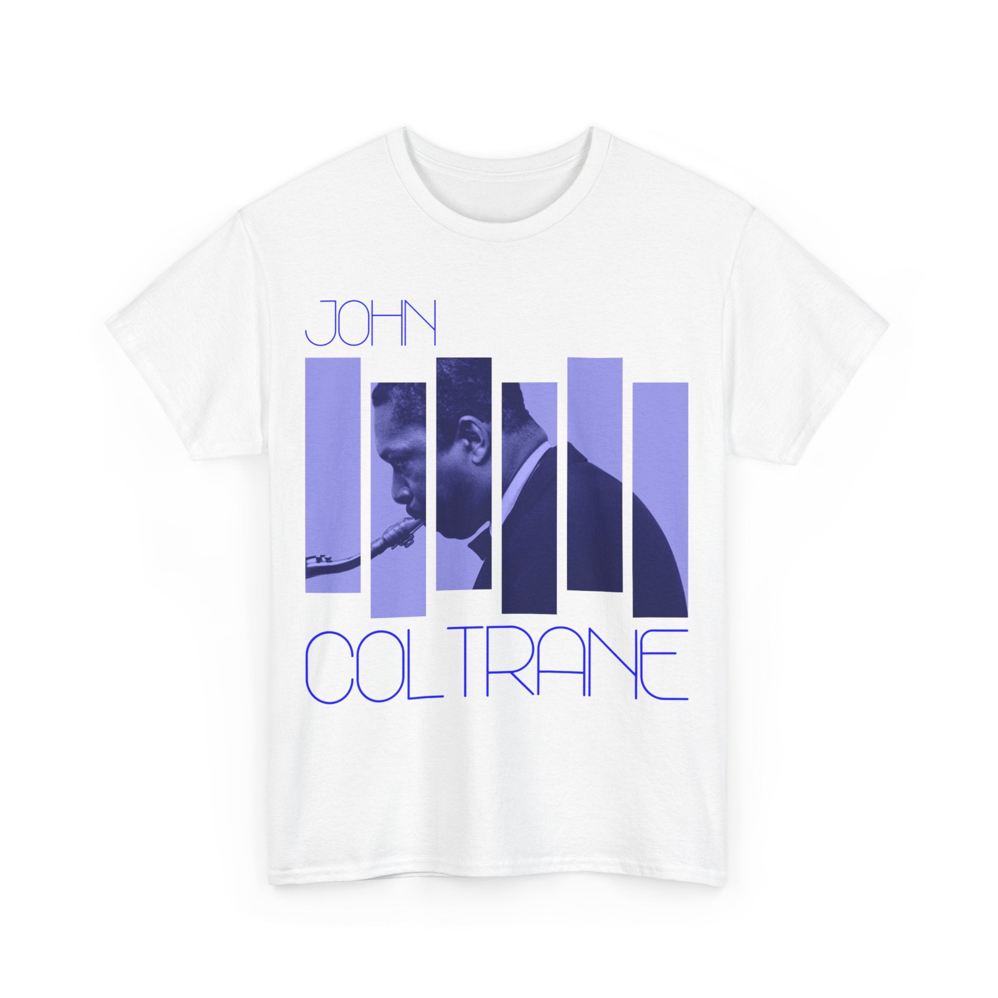 Graphic t-shirt featuring a side view photograph of John Coltrane playing his saxophone, split into blocks and covered in a blue hue, with the artist&