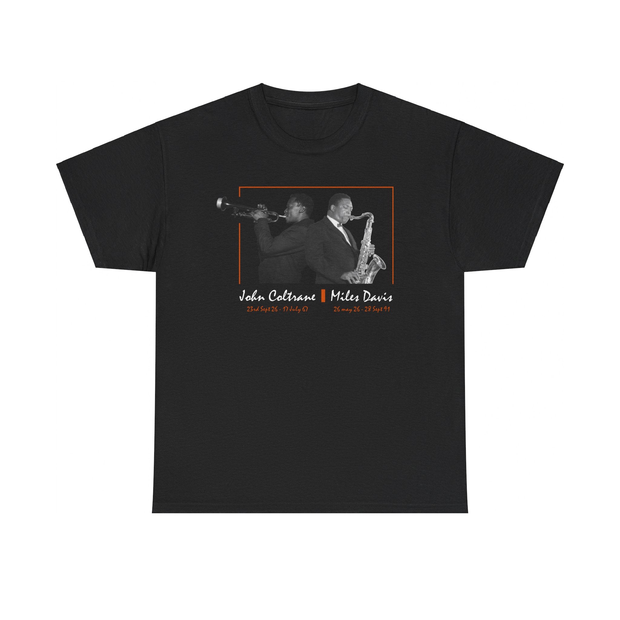 A black tee shirt with a photographic image of Miles Davis &amp; John Coltrane