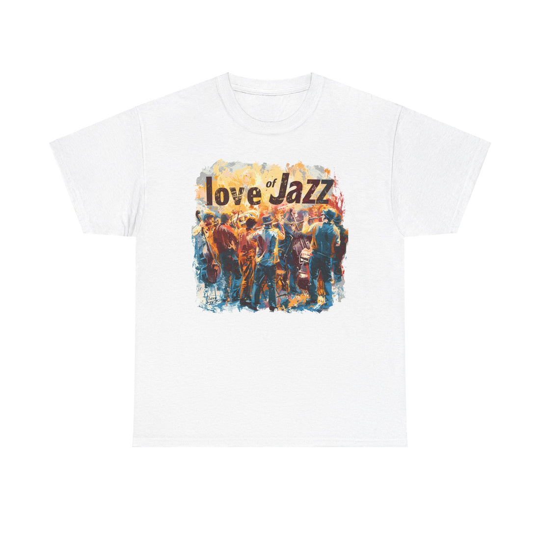 A black or white t shirt with a jazz musicians ensemble with the words ‘Love of Jazz’ over the image.