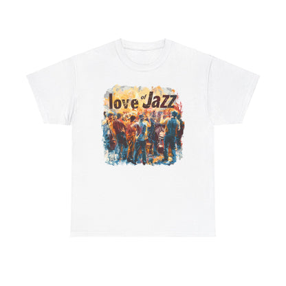 A black or white t shirt with a jazz musicians ensemble with the words ‘Love of Jazz’ over the image.