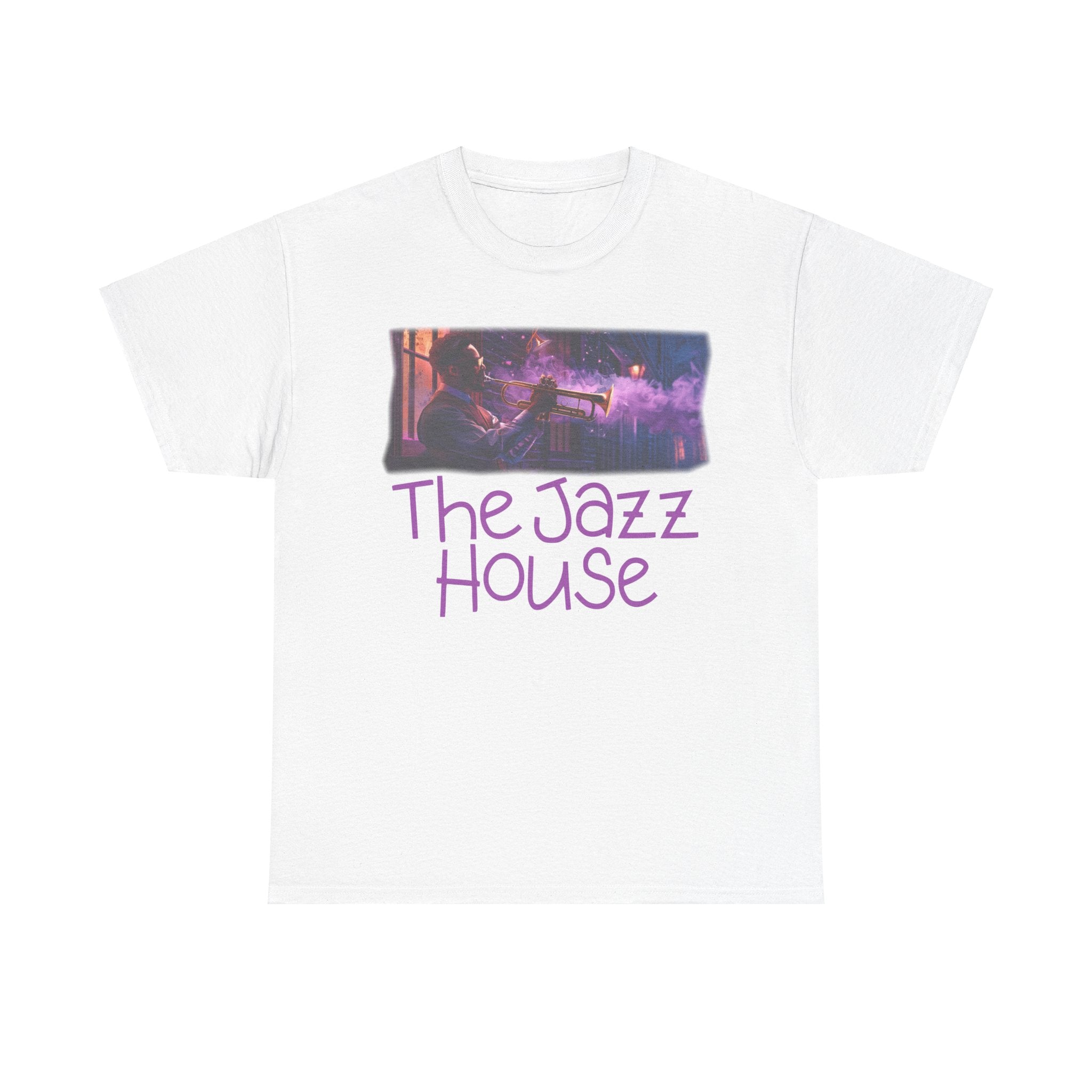 A t-shirt featuring ‘The Jazz House’ logo image of a trumpeter leaning against the wall of The Jazz House club playing, whilst purple smoke rises from his instrument. The scene is set in a dimly lit alley. The rear of the shirt has the website URL with the words ‘Jazz Clothing.’