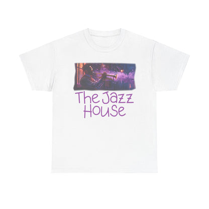 A t-shirt featuring ‘The Jazz House’ logo image of a trumpeter leaning against the wall of The Jazz House club playing, whilst purple smoke rises from his instrument. The scene is set in a dimly lit alley. The rear of the shirt has the website URL with the words ‘Jazz Clothing.’