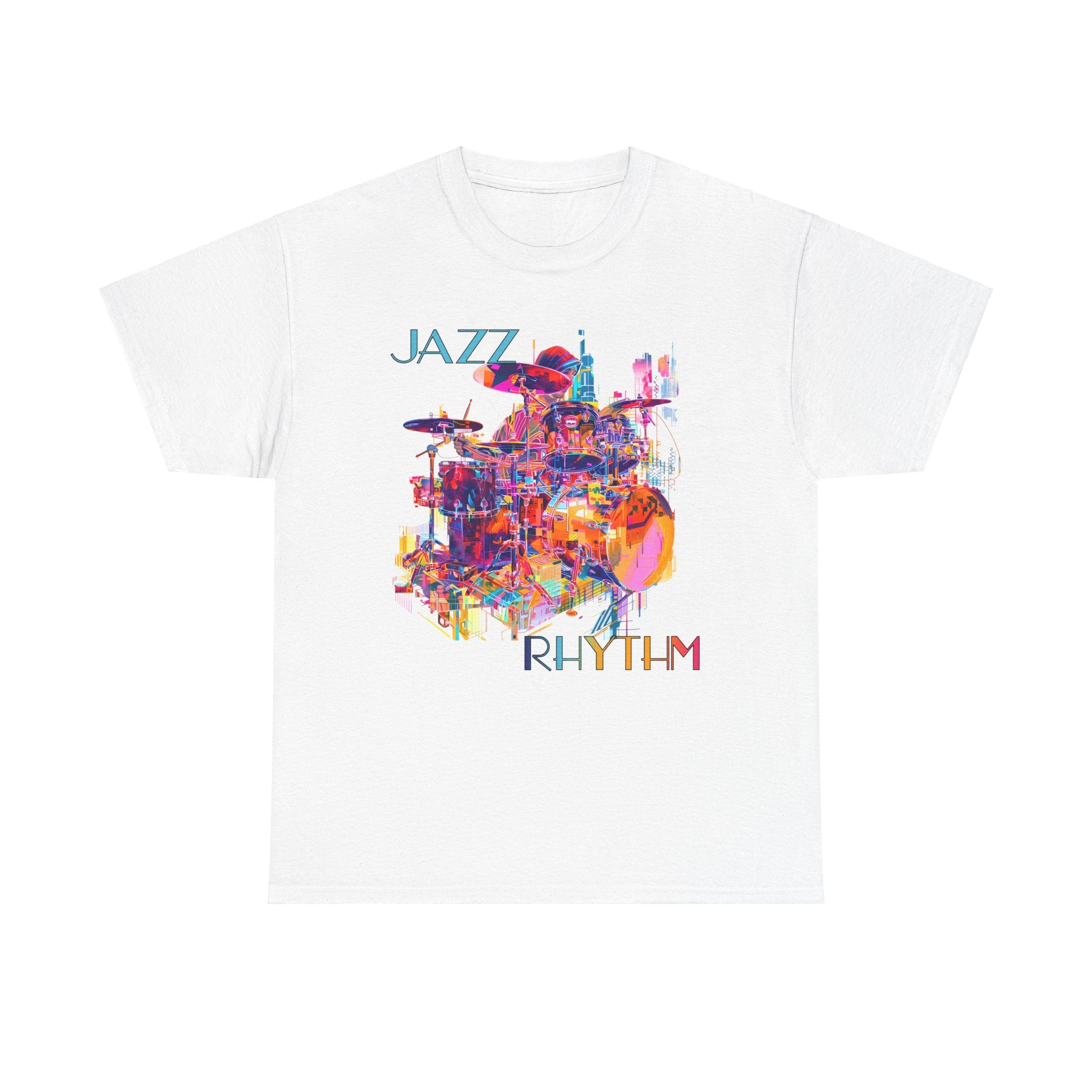 A black or white t shirt with a multi colored design of a drummer playing. The text says ‘Jazz Rhythm’