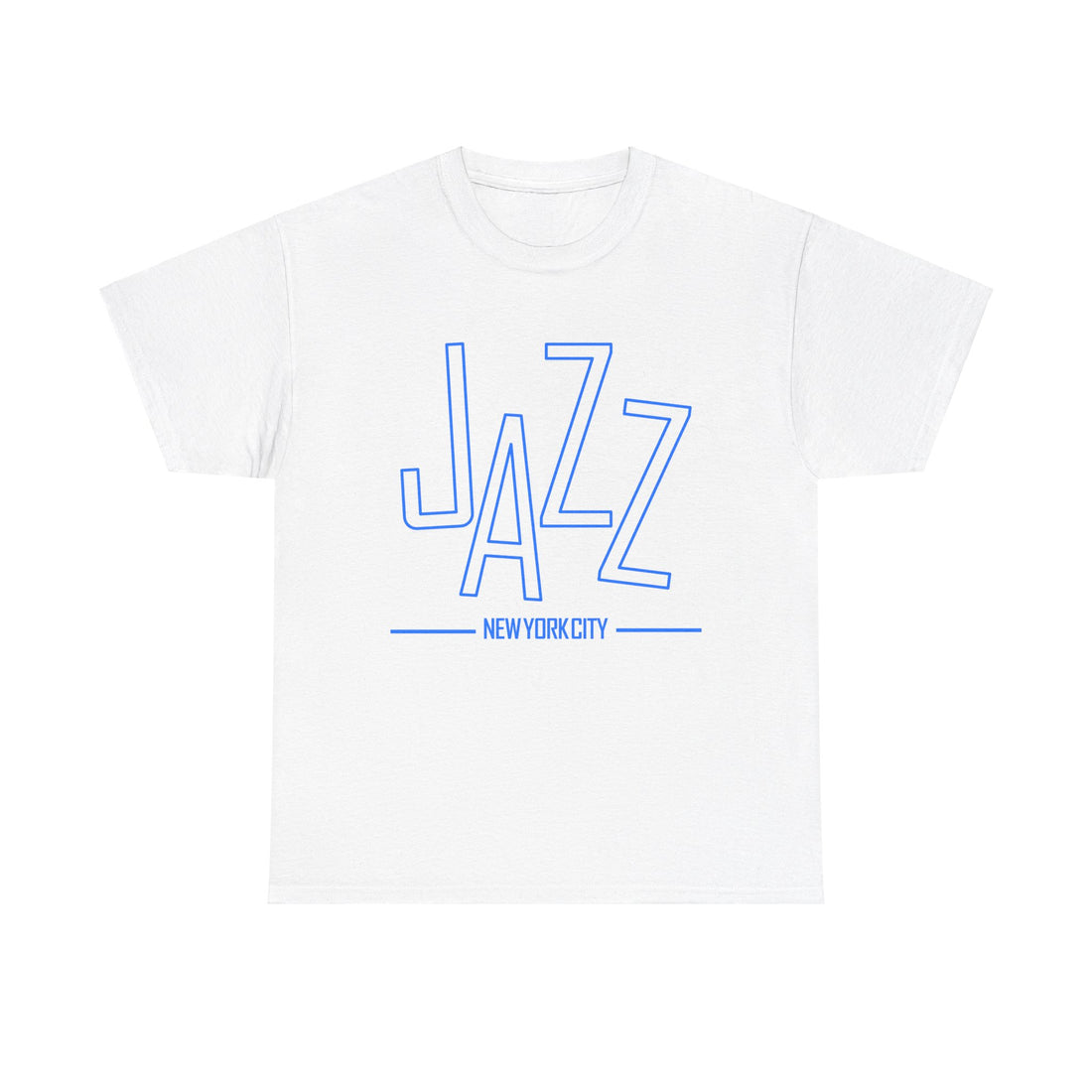 A black or white t shirt saying ‘JAZZ New York City’ in blue text