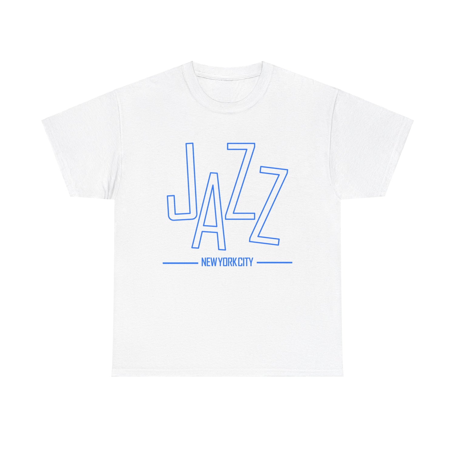 A black or white t shirt saying ‘JAZZ New York City’ in blue text