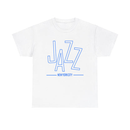 A black or white t shirt saying ‘JAZZ New York City’ in blue text