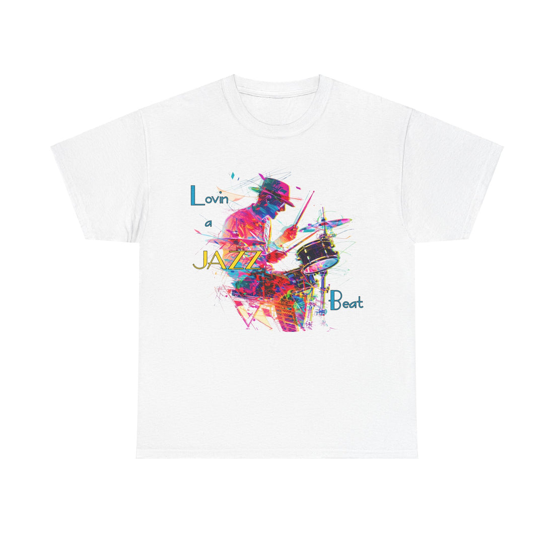 A black or white t shirt with an image of a jazz drummer in vibrant colors. The accompanying text states ‘Lovin a Jazz Beat’