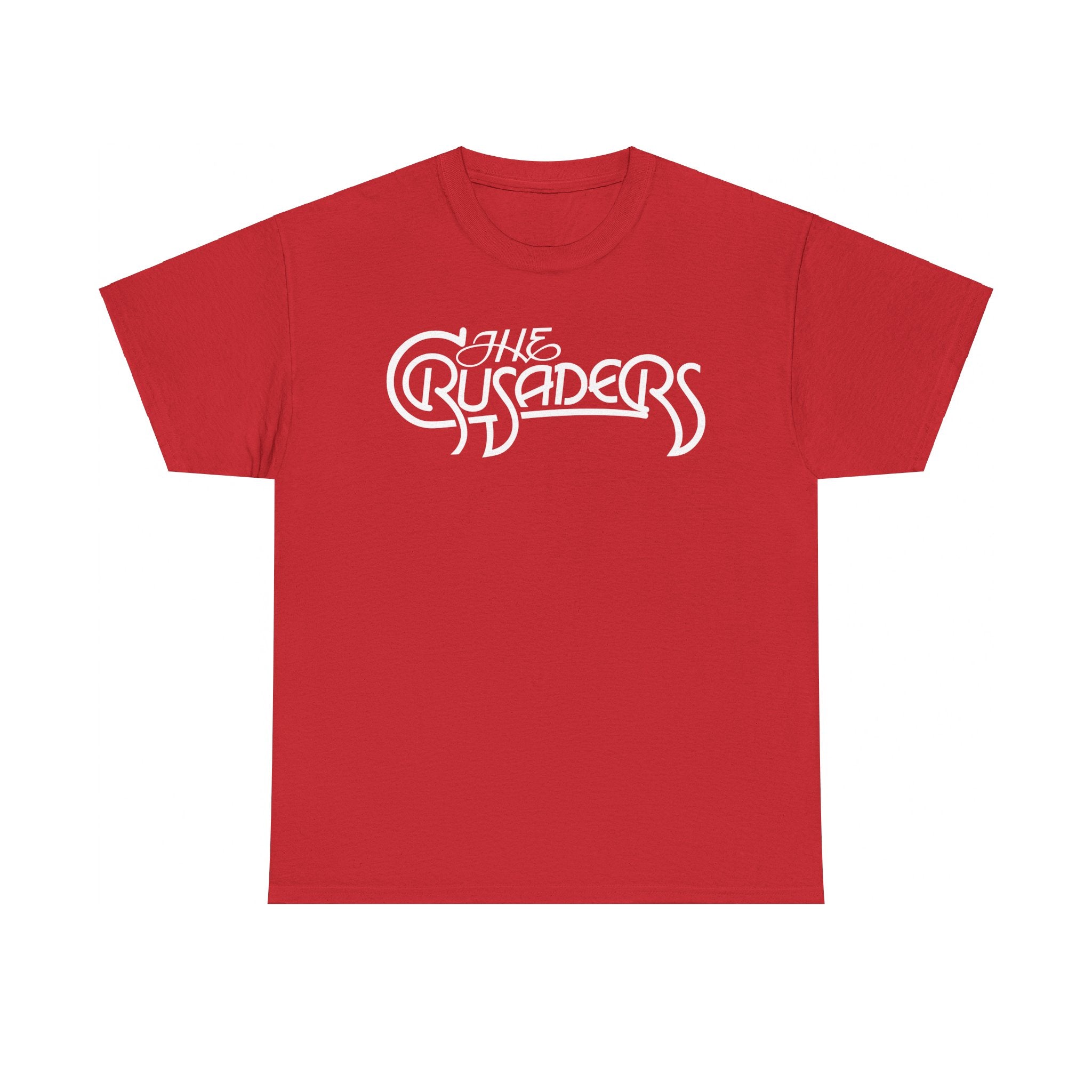 The Jazz Crusaders logo in white text on a red t-shirt