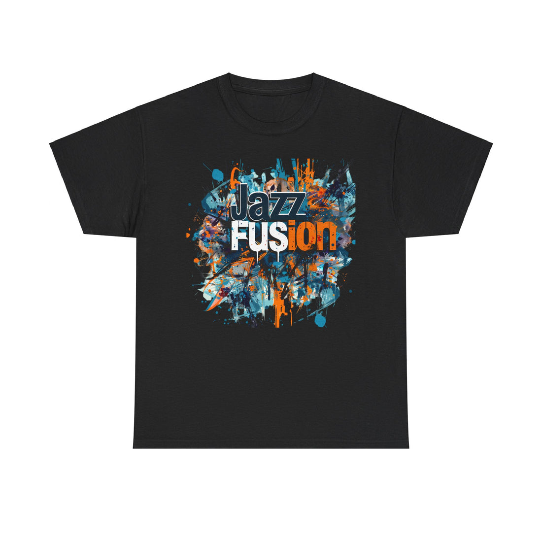 A black or white t shirt with a blotched paint design in blue, white &amp; gold, with the words ‘Jazz Fusion’ over the design.