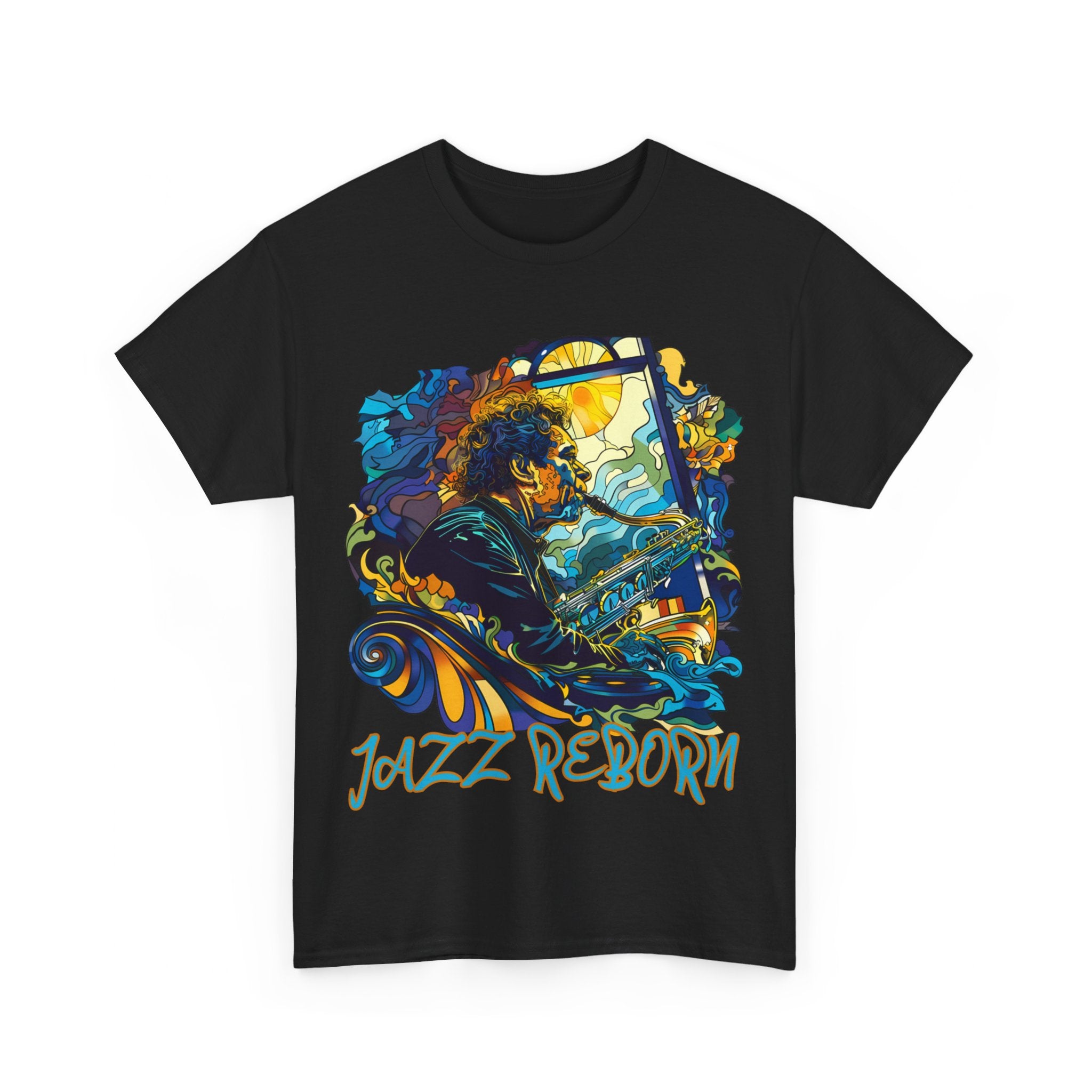 A black or white t shirt with an image of a saxophonist expressing his love of playing jazz. The words underneath the image are ‘Jazz Reborn’