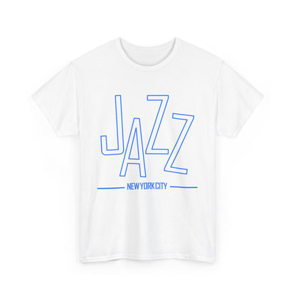 A black or white t shirt saying ‘JAZZ New York City’ in blue text