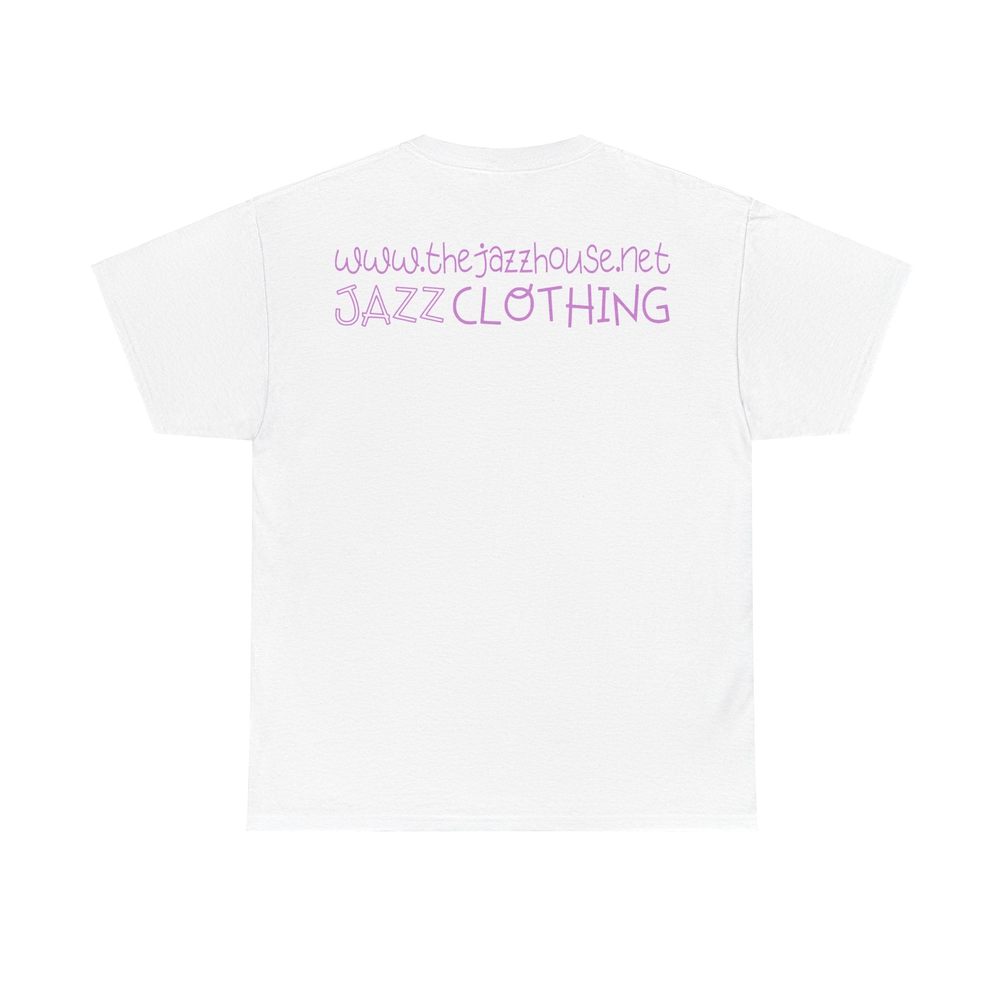 A t-shirt featuring ‘The Jazz House’ logo image of a trumpeter leaning against the wall of The Jazz House club playing, whilst purple smoke rises from his instrument. The scene is set in a dimly lit alley. The rear of the shirt has the website URL with the words ‘Jazz Clothing.’