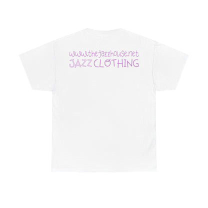 A t-shirt featuring ‘The Jazz House’ logo image of a trumpeter leaning against the wall of The Jazz House club playing, whilst purple smoke rises from his instrument. The scene is set in a dimly lit alley. The rear of the shirt has the website URL with the words ‘Jazz Clothing.’