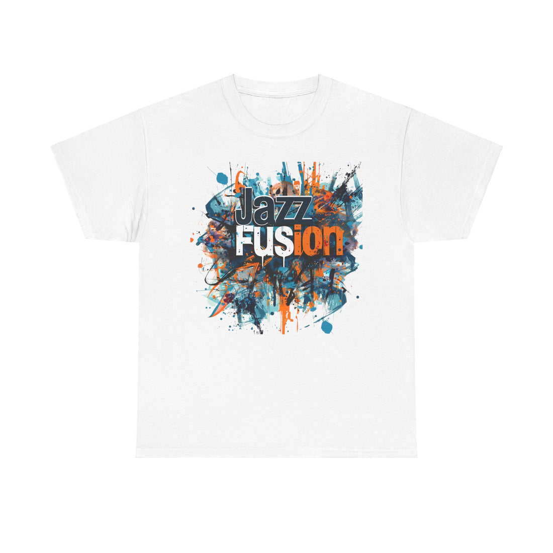 A black or white t shirt with a blotched paint design in blue, white &amp; gold, with the words ‘Jazz Fusion’ over the design.