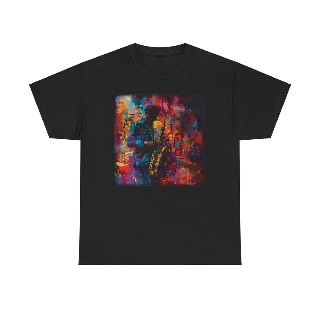 A black t shirt with a saxophonist playing his instrument. The words ‘Jazz Juice’ are embossed in an abstract font.