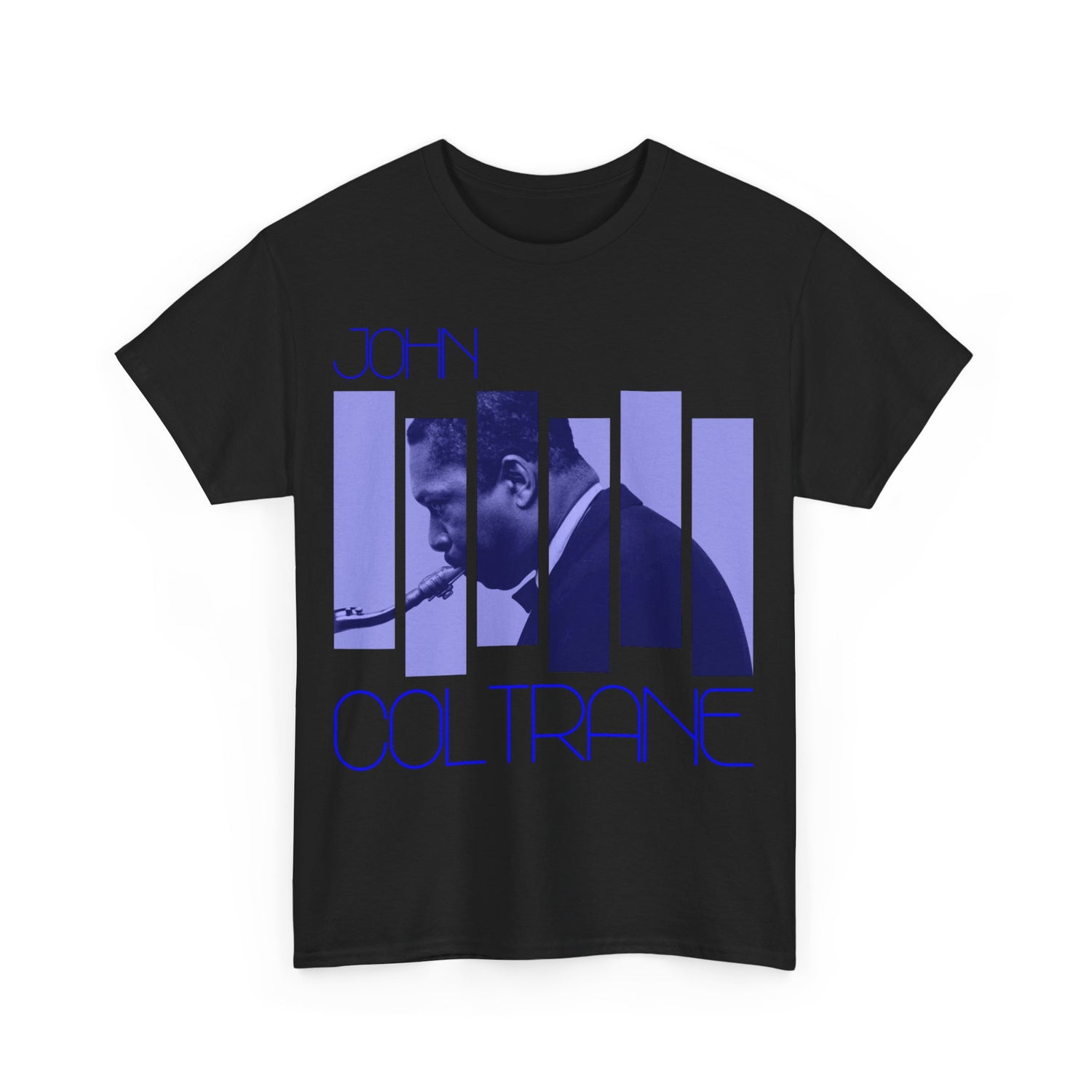 Graphic t-shirt featuring a side view photograph of John Coltrane playing his saxophone, split into blocks and covered in a blue hue, with the artist&