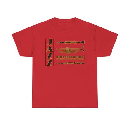 Jazz musical instruments t shirt in various colors with text saying ‘JAZZ’