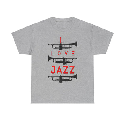 ‘I Love Jazz’ t shirt with big text and three trumpet silhouettes