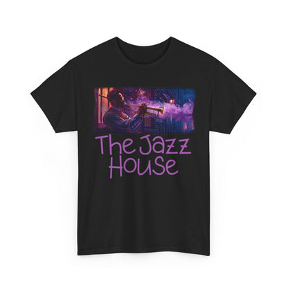 A t-shirt featuring ‘The Jazz House’ logo image of a trumpeter leaning against the wall of The Jazz House club playing, whilst purple smoke rises from his instrument. The scene is set in a dimly lit alley. The rear of the shirt has the website URL with the words ‘Jazz Clothing.’