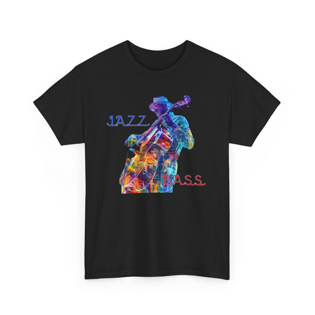 A black t shirt with an upright bass player image. The image has an unusual font saying ‘Jazz Bass’