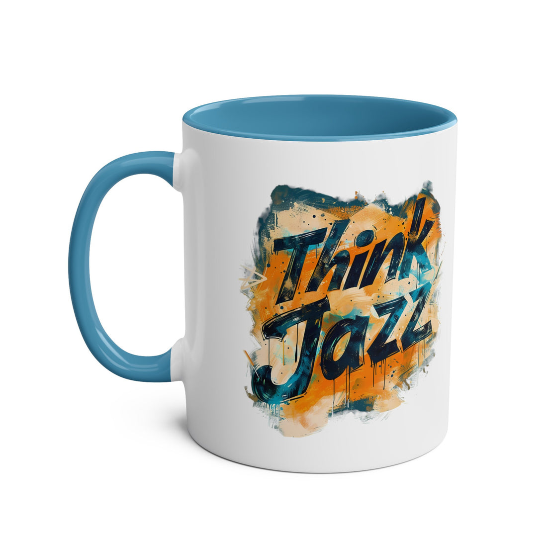 A white coffee mug with a blue interior the abstract blue and gold image says ‘Think Jazz’