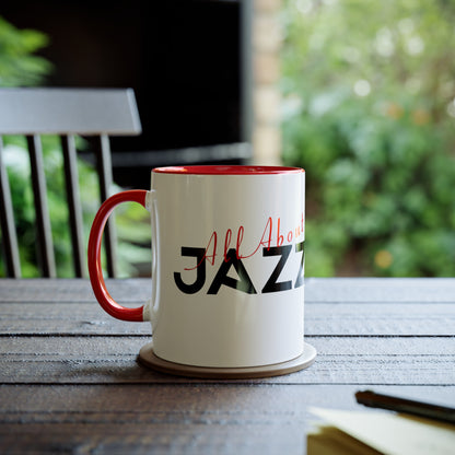 A white coffee mug with text saying ‘All About JAZZ’