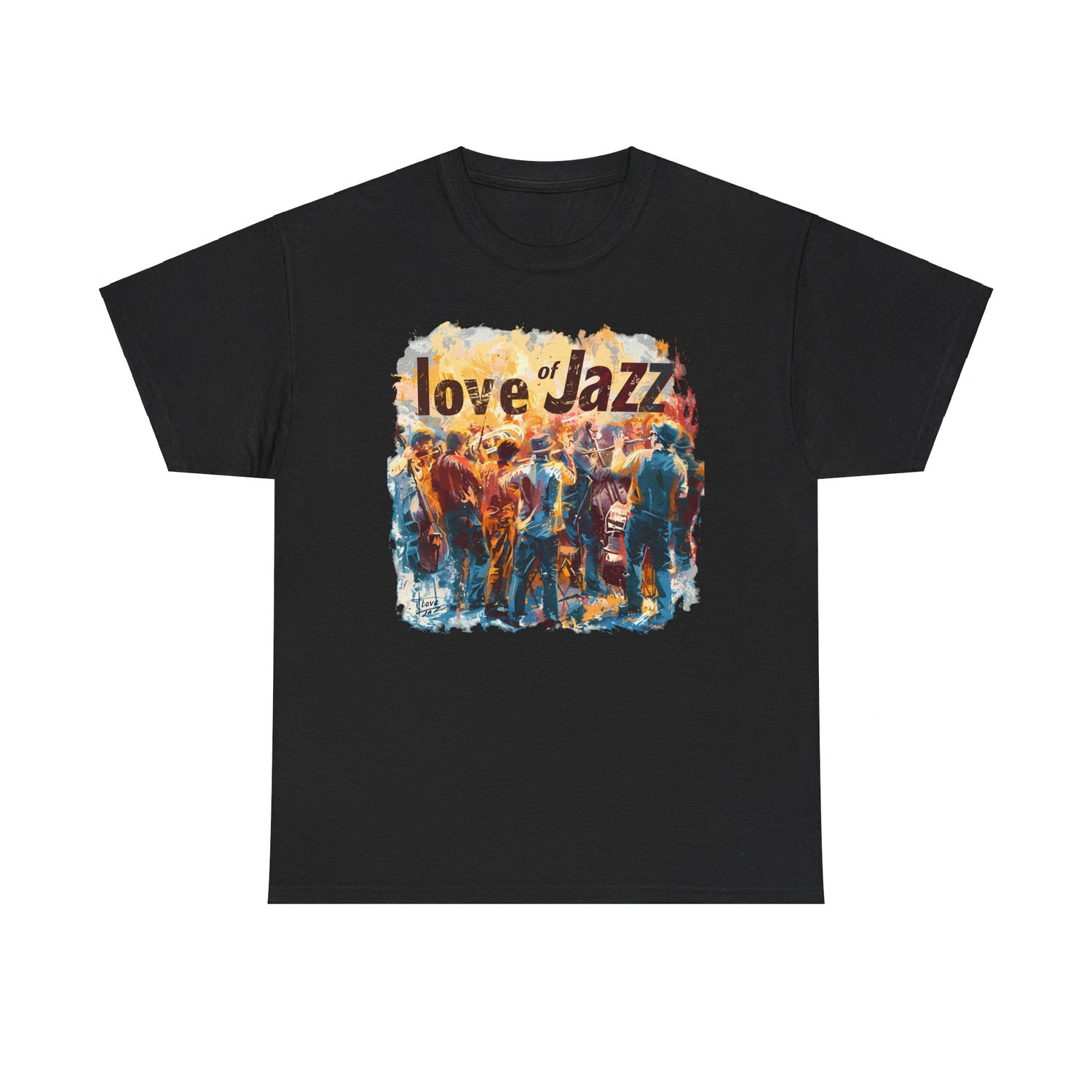 A black or white t shirt with a jazz musicians ensemble with the words ‘Love of Jazz’ over the image.