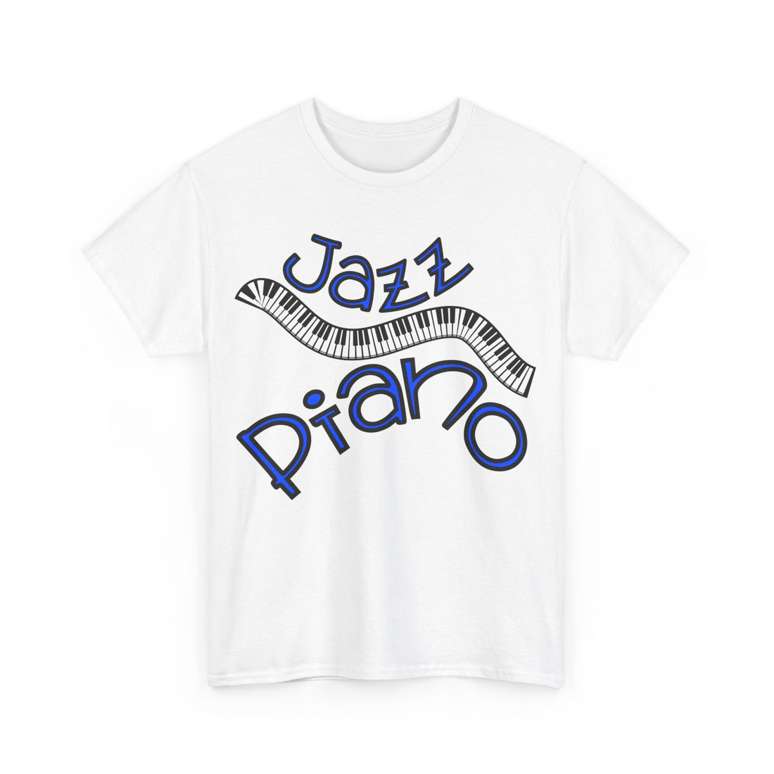 A white t shirt depicting a curved piano keyboard the surrounding text states ‘Jazz Piano’