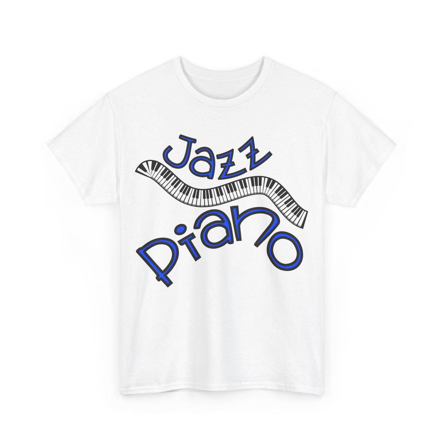 A white t shirt depicting a curved piano keyboard the surrounding text states ‘Jazz Piano’