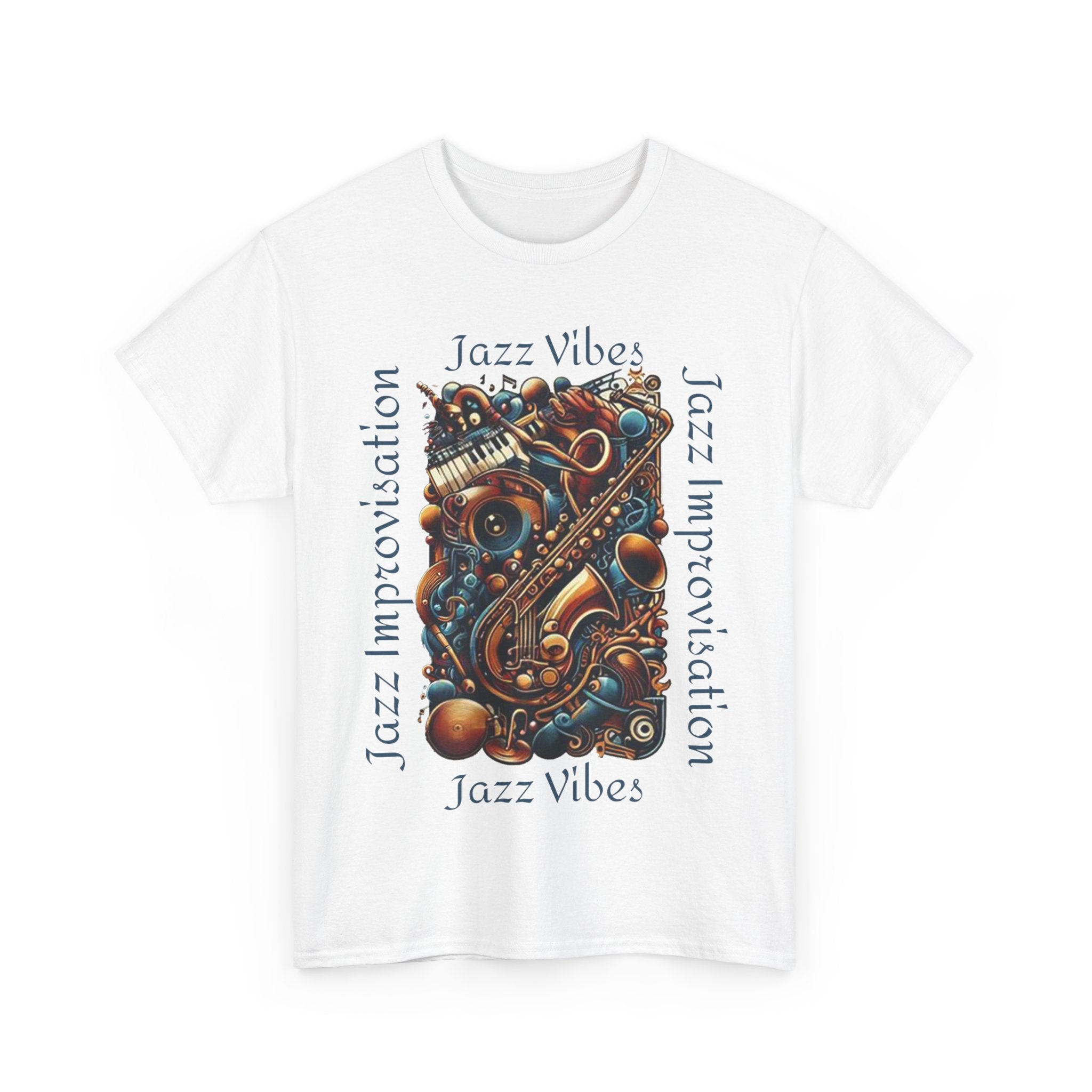 A white t shirt with an abstract jazz music design highlighting a sax and keyboards. The text states ‘Jazz Vibes, Jazz Improvisation.