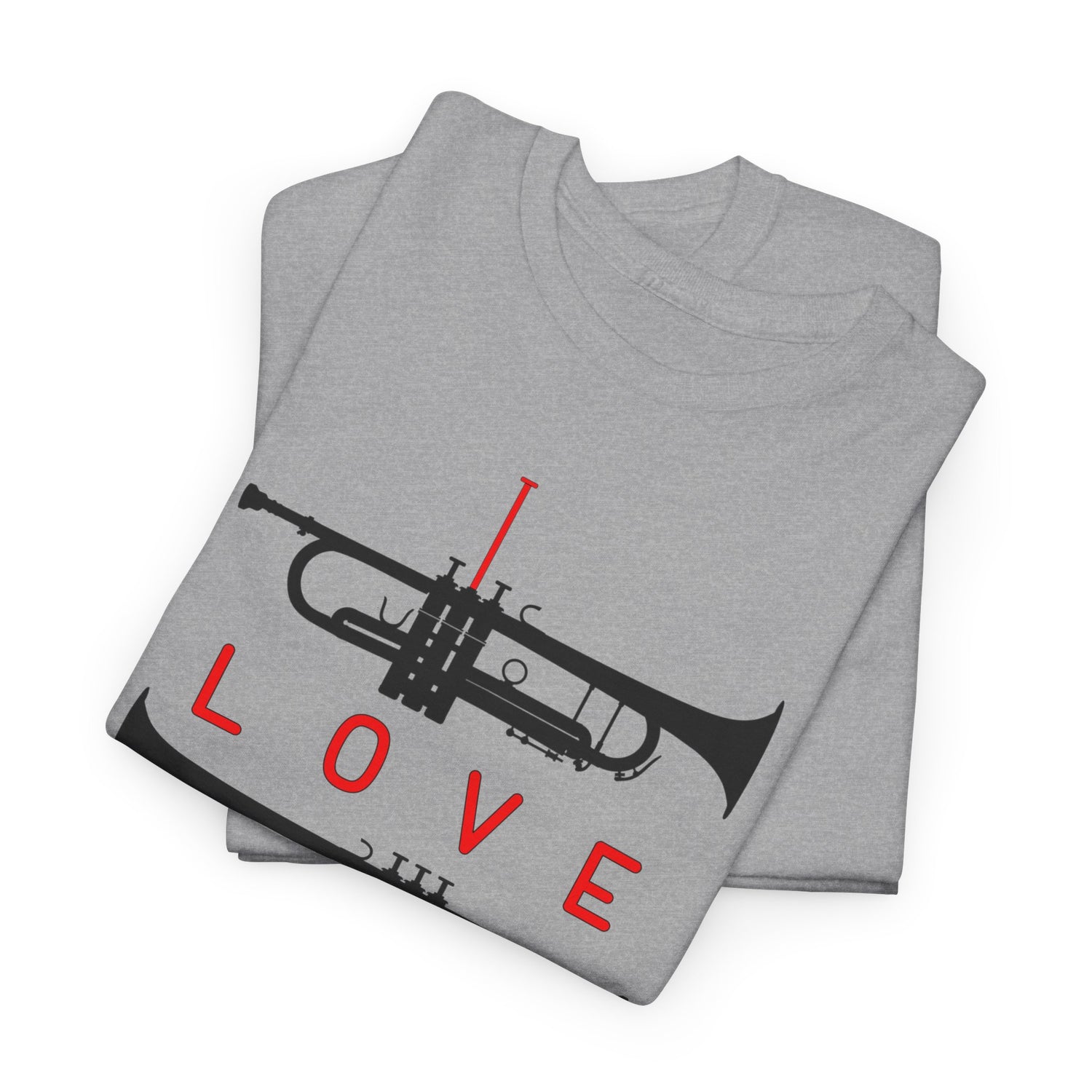 ‘I Love Jazz’ t shirt with big text and three trumpet silhouettes