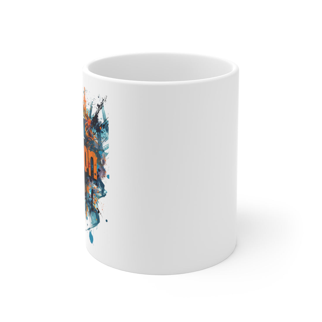 A white coffee mug with an abstract design like blotched paint image the text states ‘Jazz Fusion’