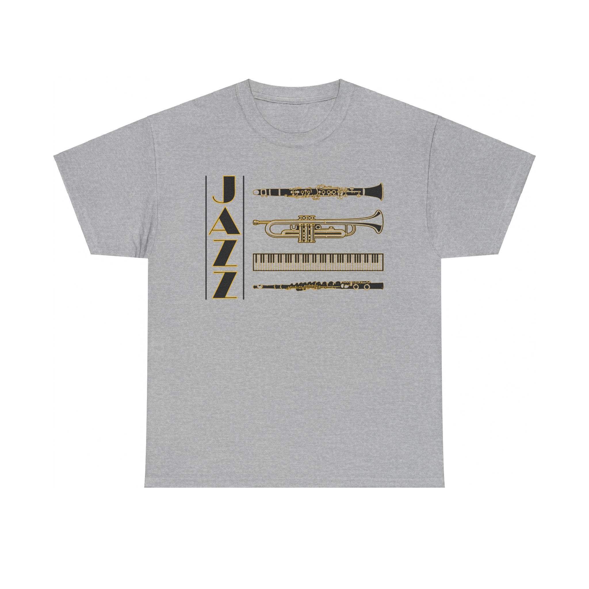 Jazz musical instruments t shirt in various colors with text saying ‘JAZZ’