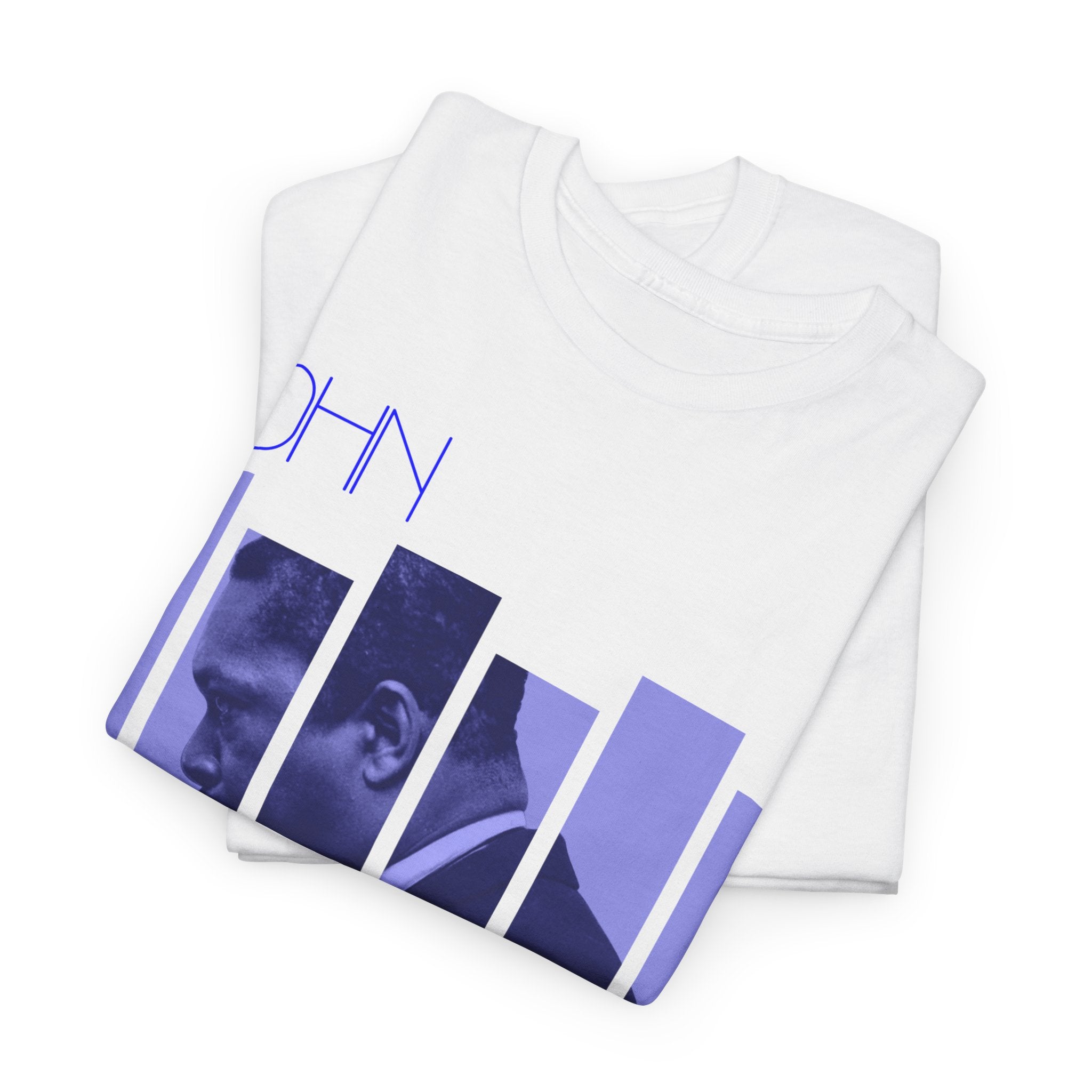 Graphic t-shirt featuring a side view photograph of John Coltrane playing his saxophone, split into blocks and covered in a blue hue, with the artist&