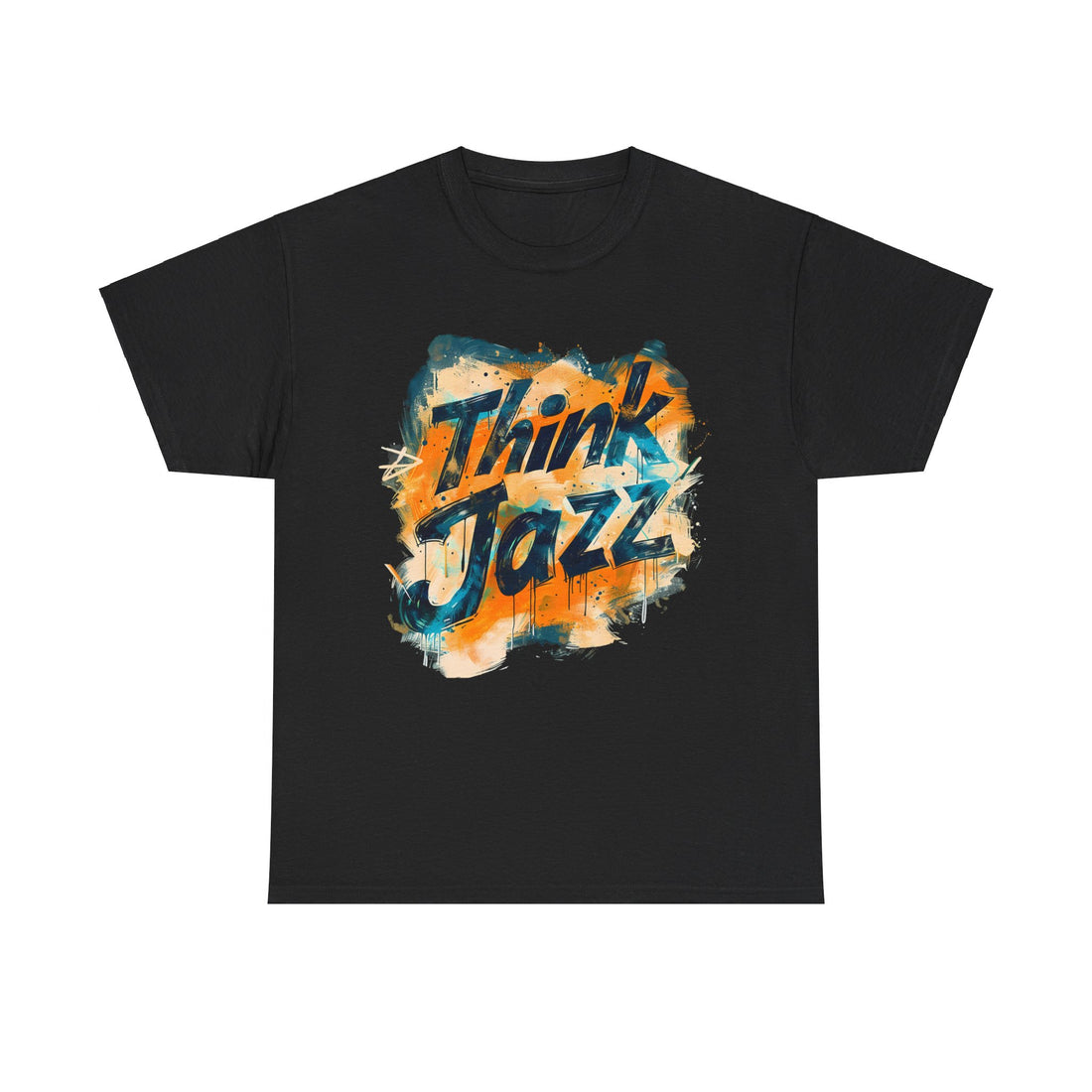 Black t shirt with the words ‘Think Jazz’ in a colorful abstract print.