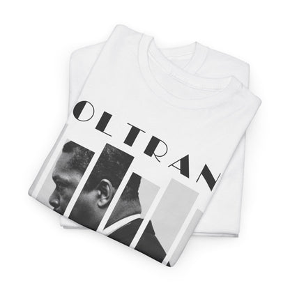 Graphic t-shirt featuring a side view photograph of John Coltrane playing his saxophone, split into blocks with the artist&