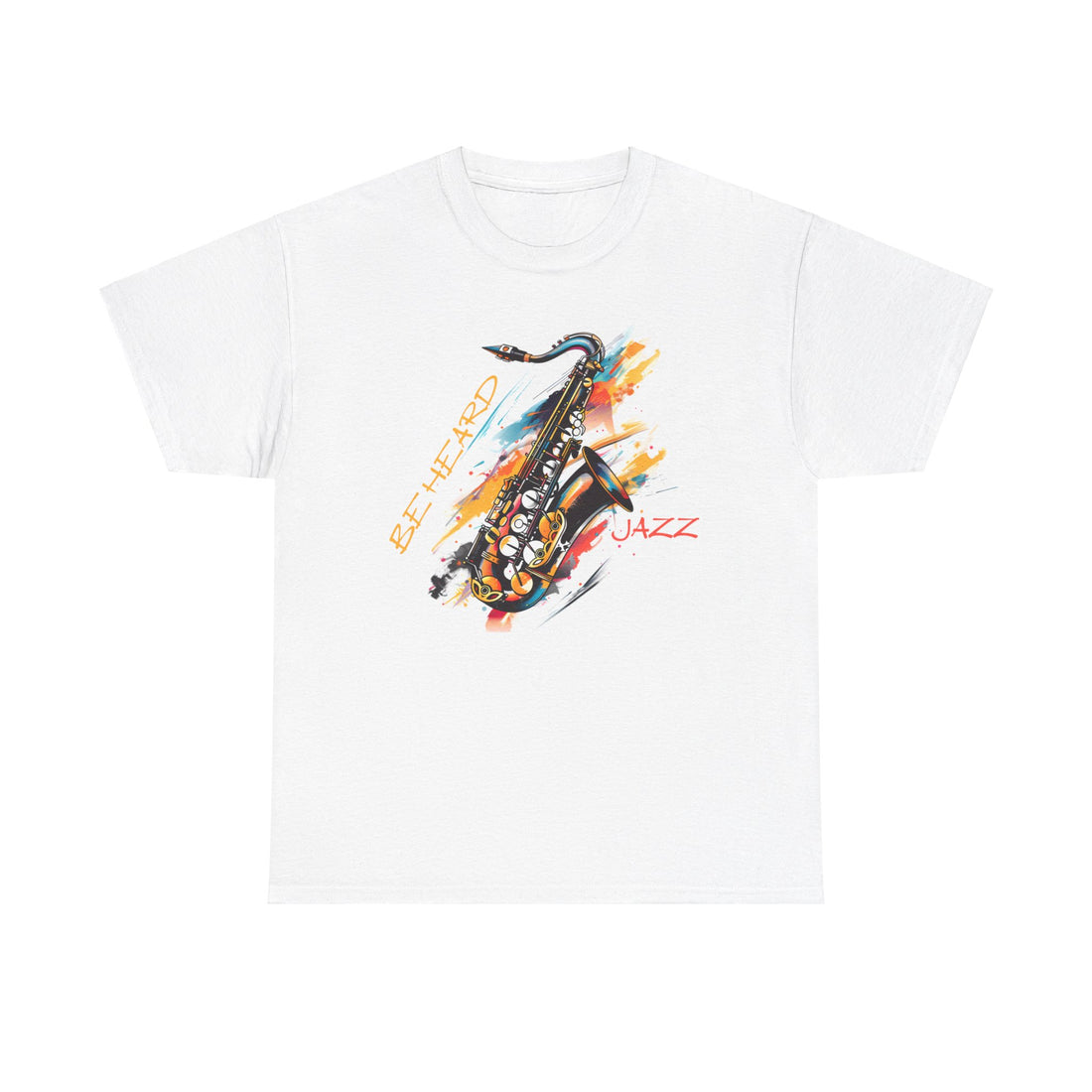 A black or white t shirt with a saxophone image. The words ‘Jazz, Be heard’ surround the image.