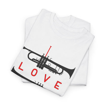 ‘I Love Jazz’ t shirt with big text and three trumpet silhouettes