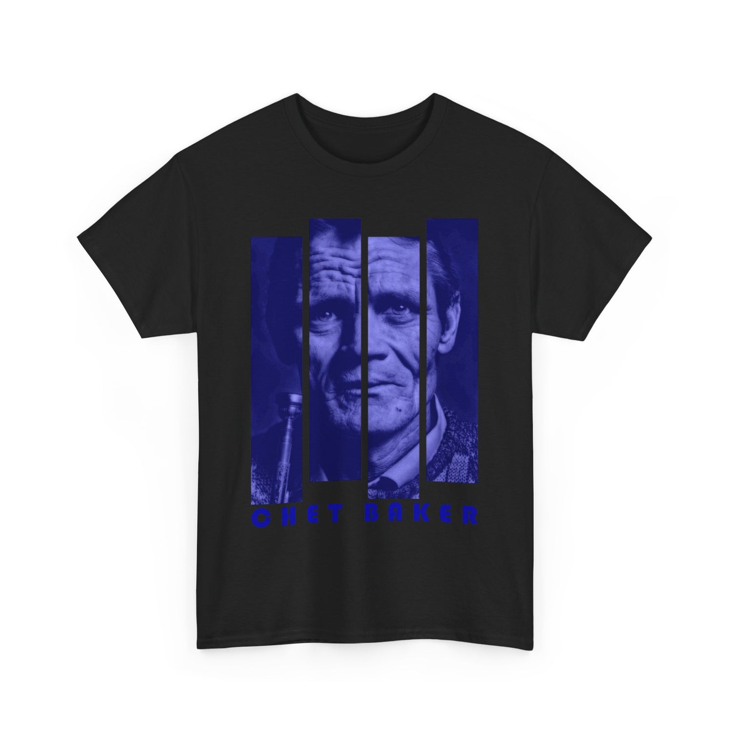 A black or white t shirt with a photographic image of Chet Baker in blue blocks with his name underneath