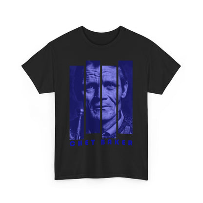 A black or white t shirt with a photographic image of Chet Baker in blue blocks with his name underneath