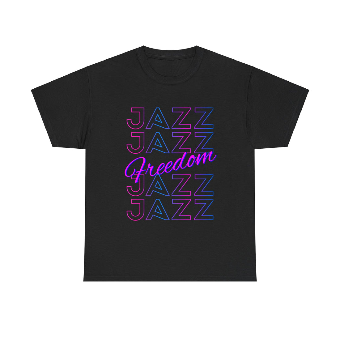 A black t shirt with the text saying ‘JAZZ’ down the shirt four times in the centre at an angle is the word ‘FREEDOM’ the text is in a blue & pink color.