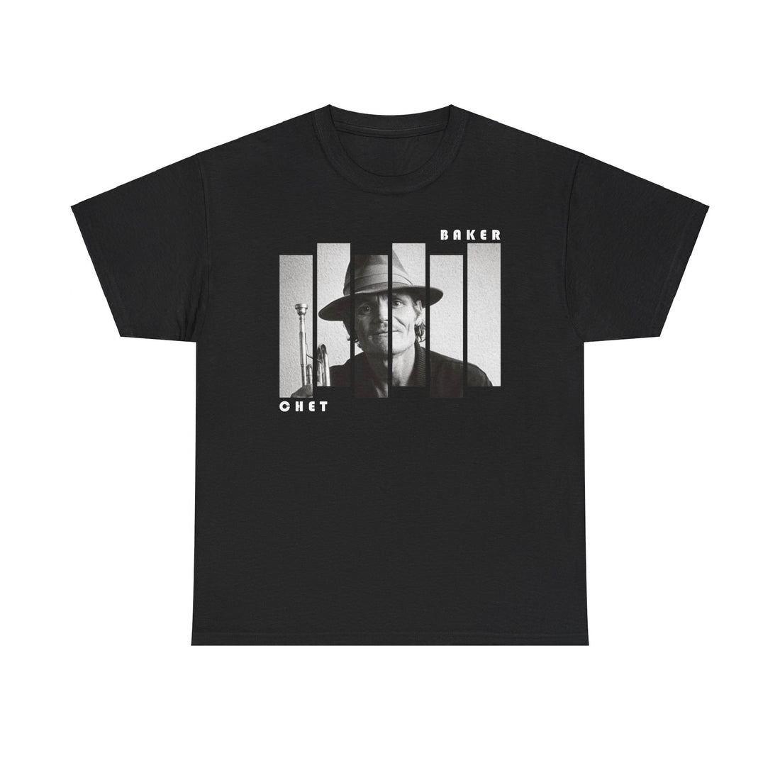 A black t shirt with a block photographic image of Chet Baker