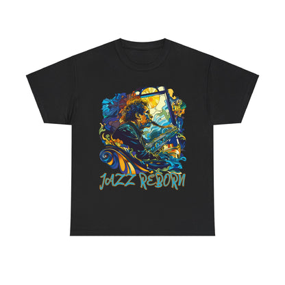 A black or white t shirt with an image of a saxophonist expressing his love of playing jazz. The words underneath the image are ‘Jazz Reborn’