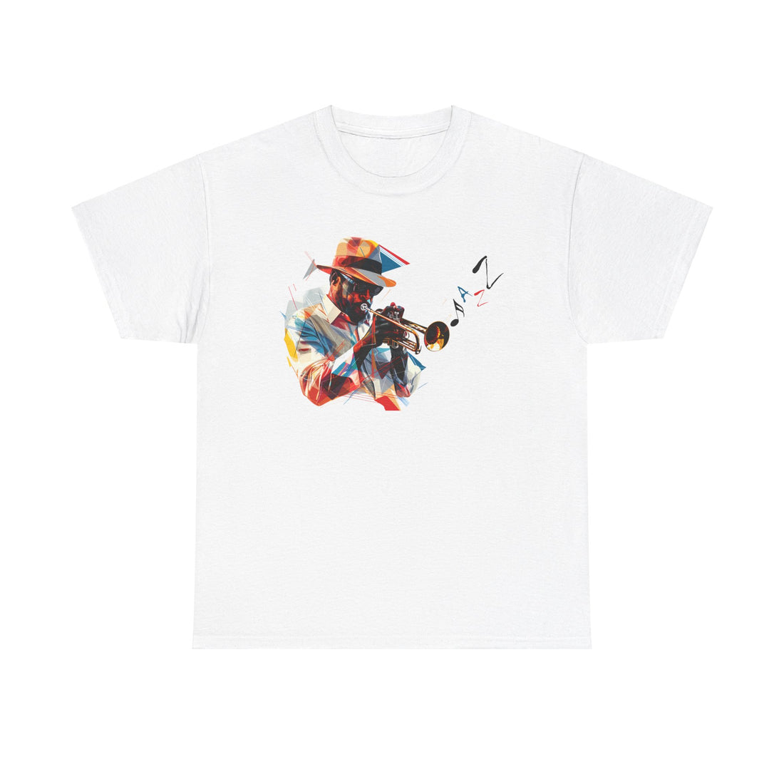 A white t shirt with the image depicting a trumpet player. The word ‘Jazz’ emanates from the trumpet as notes.