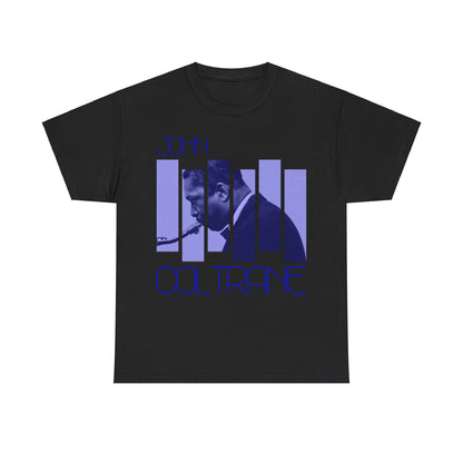 Graphic t-shirt featuring a side view photograph of John Coltrane playing his saxophone, split into blocks and covered in a blue hue, with the artist&