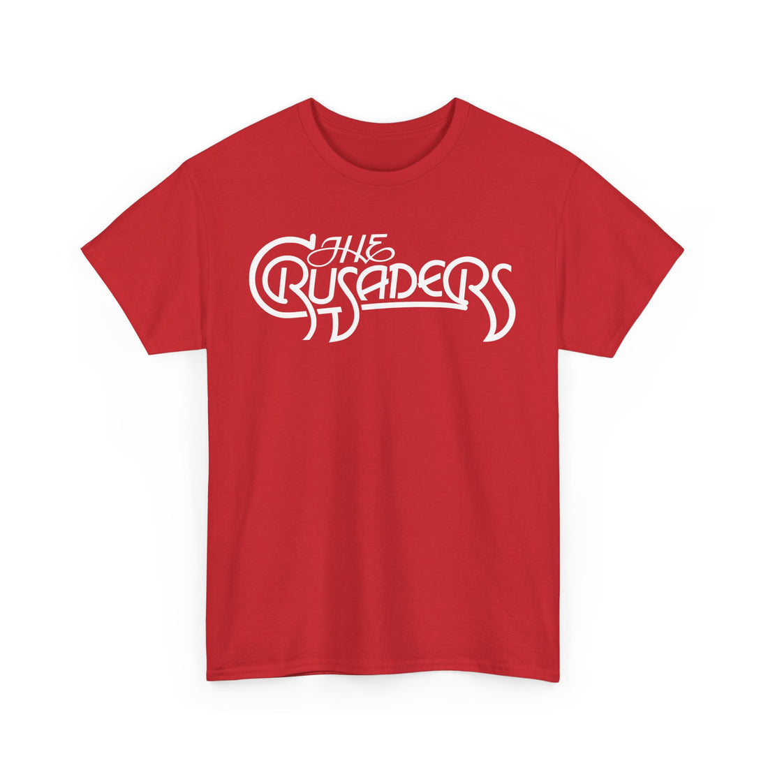 The Jazz Crusaders logo in white text on a red t-shirt