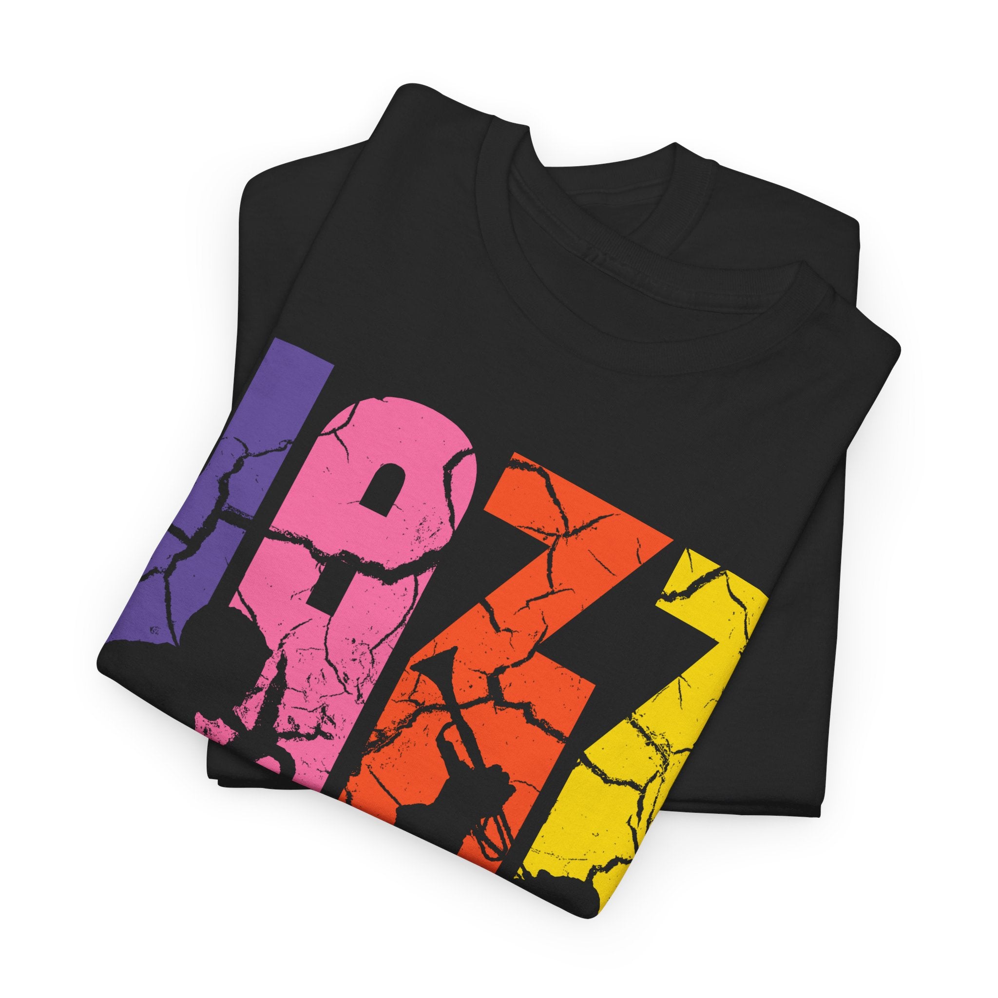 Distressed grunge style jazz inspired t shirt with multi colored text overlaid with two jazz musicians