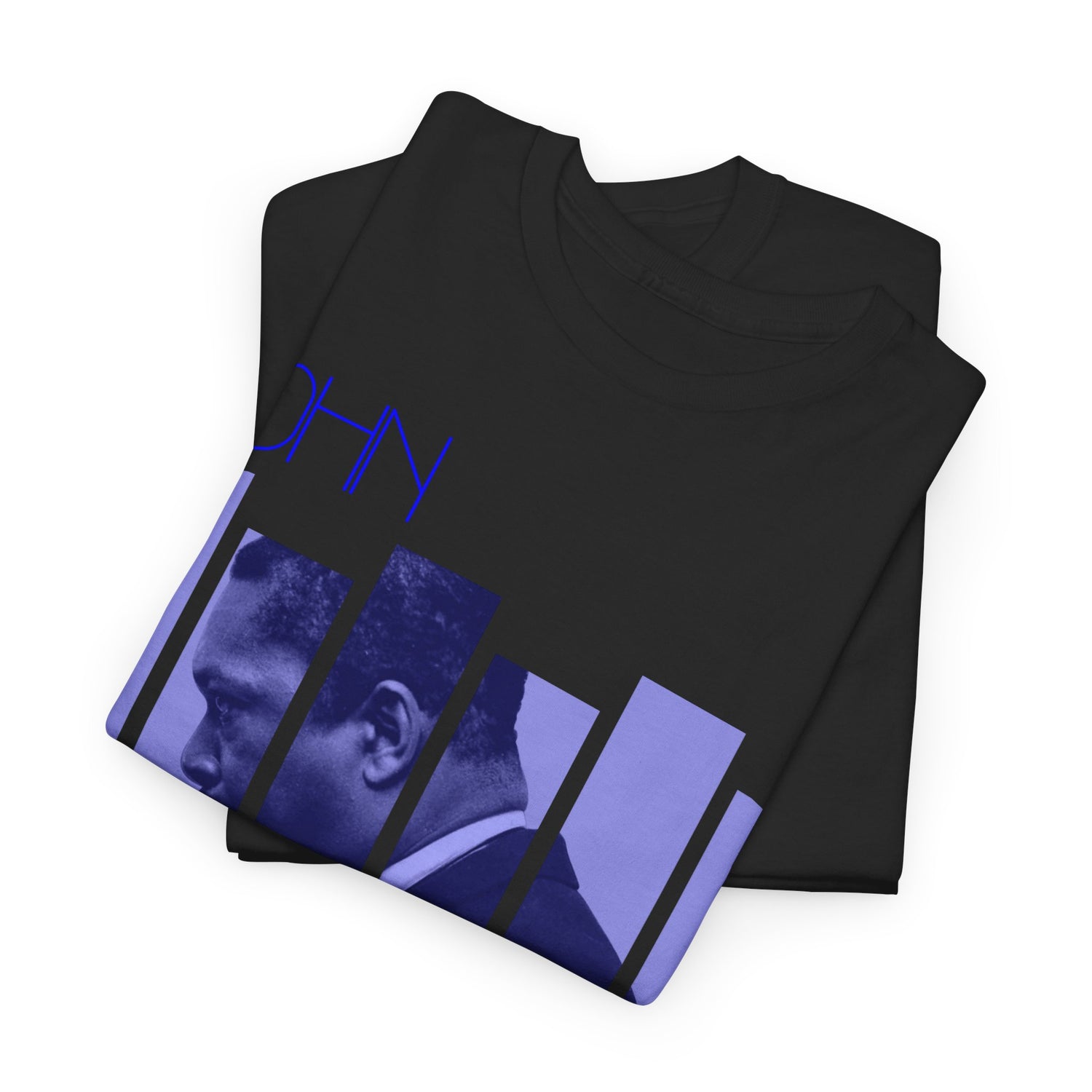 Graphic t-shirt featuring a side view photograph of John Coltrane playing his saxophone, split into blocks and covered in a blue hue, with the artist&