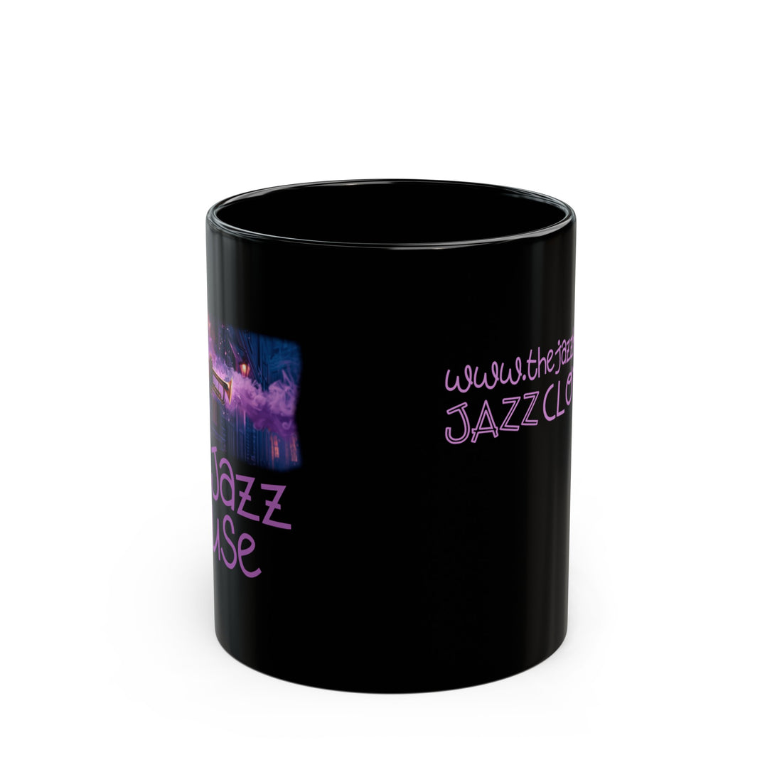 A coffee mug featuring ‘The Jazz House’ logo image of a trumpeter leaning against the wall of The Jazz House club playing, whilst purple smoke rises from his instrument. The scene is set in a dimly lit alley. The rear of the mug has the website URL with the words ‘Jazz Clothing.’