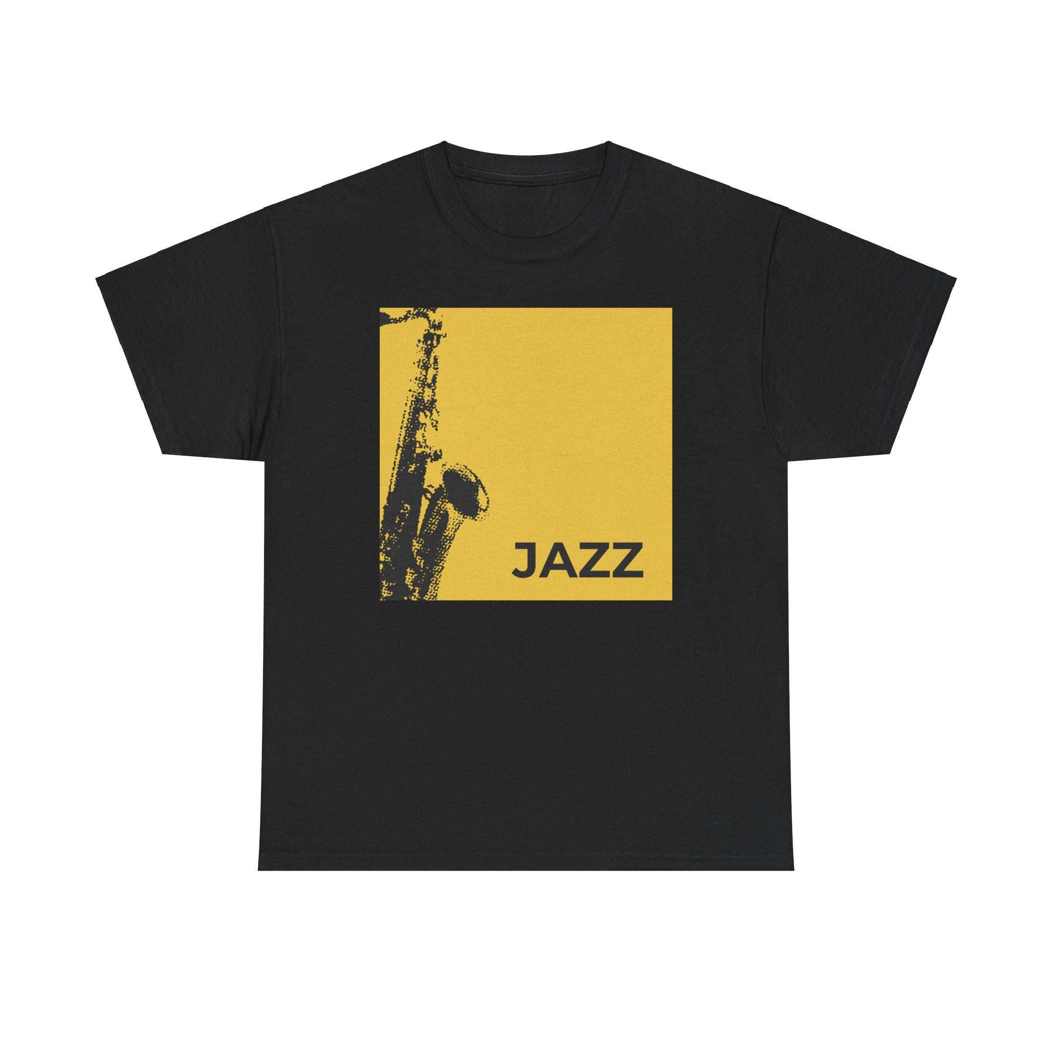 A black or white t shirt with a saxophone design on a light brown square background and the word ‘JAZZ’ emblazoned at the bottom